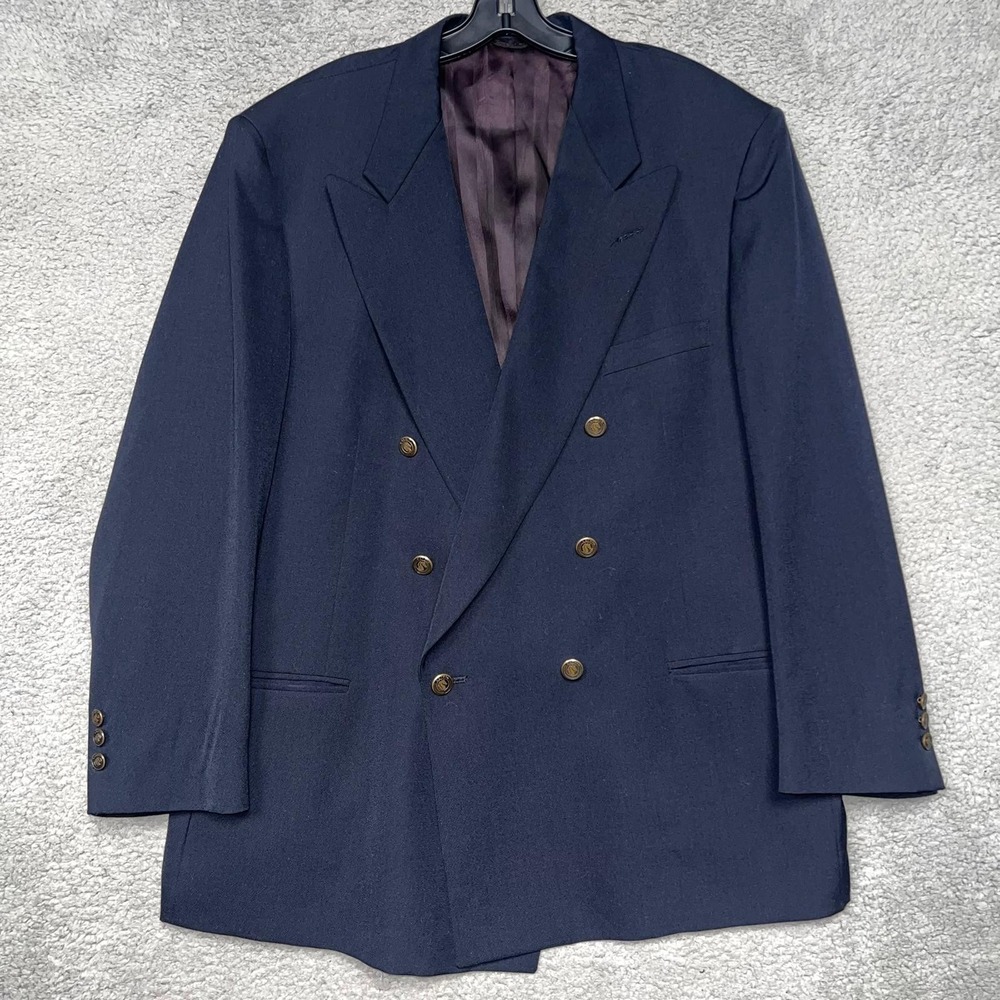 VTG Pierre Cardin Blazer Men's 46R Blue Wool Peak Double-Breasted Equestrian USA